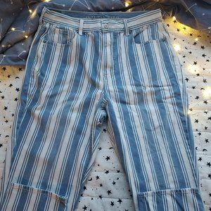 AE American Eagle Mom Jean White/Blue Stripe High Rise Straight Leg Size 14